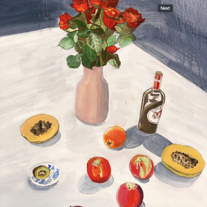 Original Art by Tanya Lake. A Colourful still life oil painting of apples roses wine pawpaw kiwi fruit