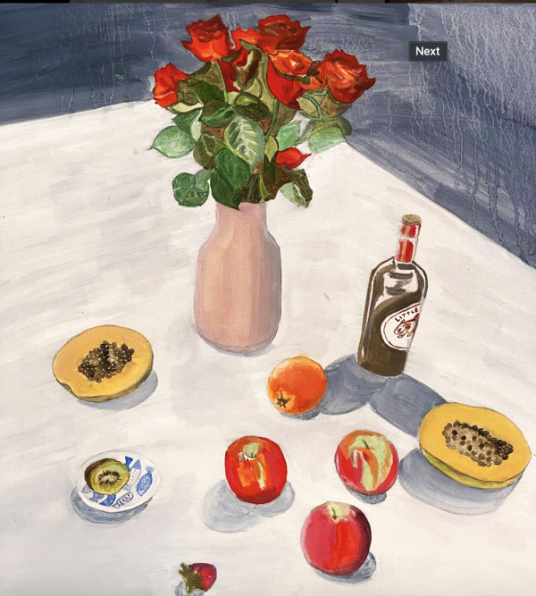 Original Art by Tanya Lake. A Colourful still life oil painting of apples roses wine pawpaw kiwi fruit