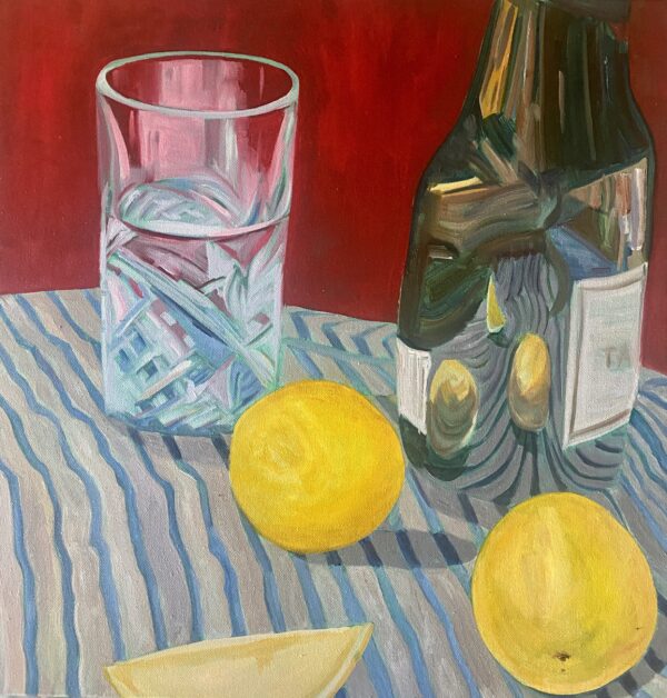 Art Work by Tanya Lake "A Bottle of Tatti" still life, oil on canvas 2024