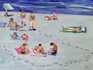 Original oil painting of sunbathers at Clovelly, summer vibes in Sydney!