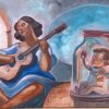 Original oil painting of a Socilian woman playing guitar beside a baby in a glass. It is about female liberation. By artist Tanya Lake