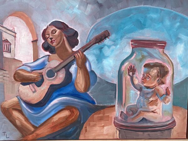 Original oil painting of a Socilian woman playing guitar beside a baby in a glass. It is about female liberation. By artist Tanya Lake